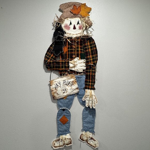 Handmade Vintage 48" Scarecrow Wall Decor Fabric Plaid Denim Articulated Hayride - Picture 13 of 13